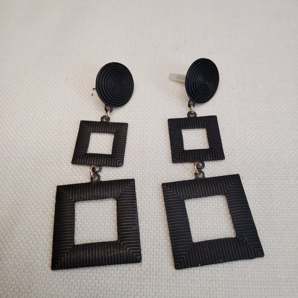 Black Geometric Square Drop Earrings Textured Finish 2.5 Inch Drop